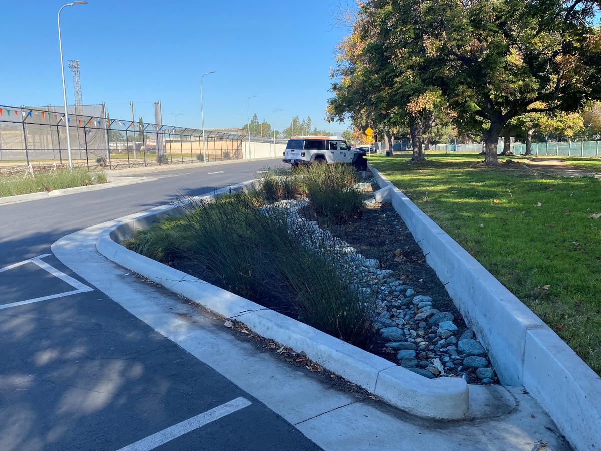 Bioretention bulb-out on Coldwater Canyon at Los Angeles Valley College
