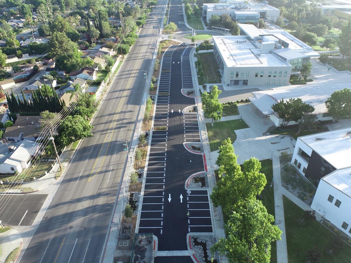 Aerial view of the rebuilt College Road at Los Angeles Valley College