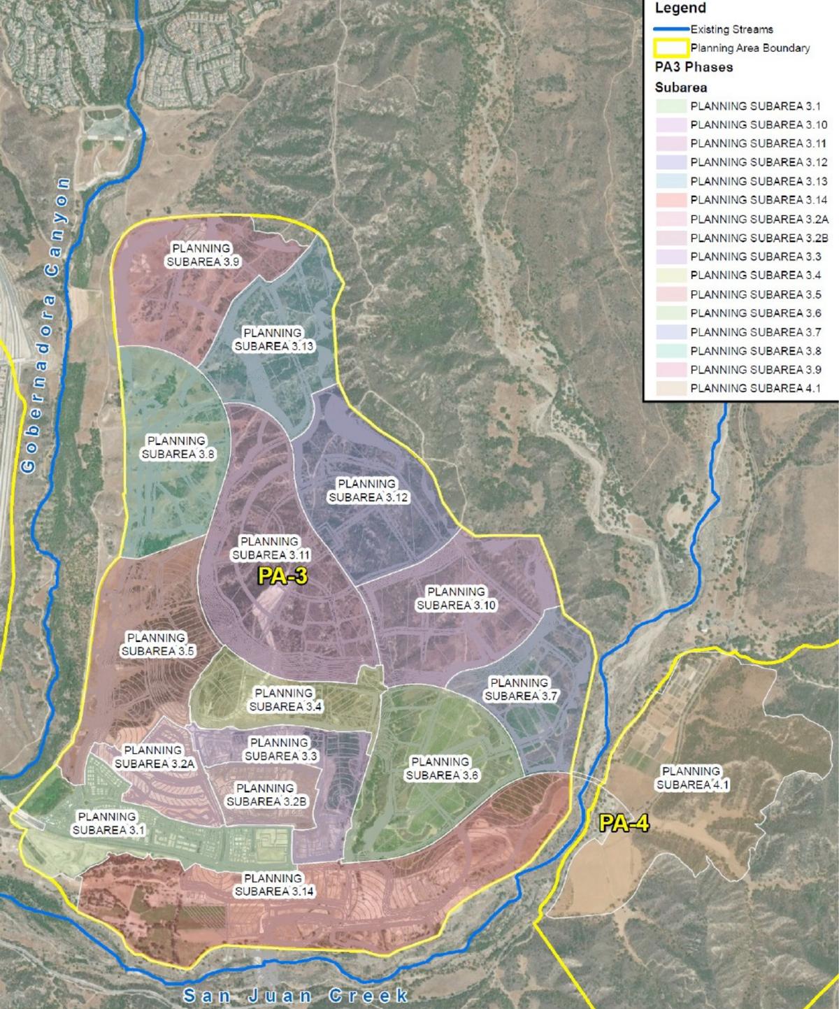 Map of the Rancho Mission Viejo Planning Area 3 subareas